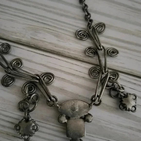 Boho Patina Pendant Blue Rhinestones Antique Silver Tone Statement Necklace - Picture 6 of 10